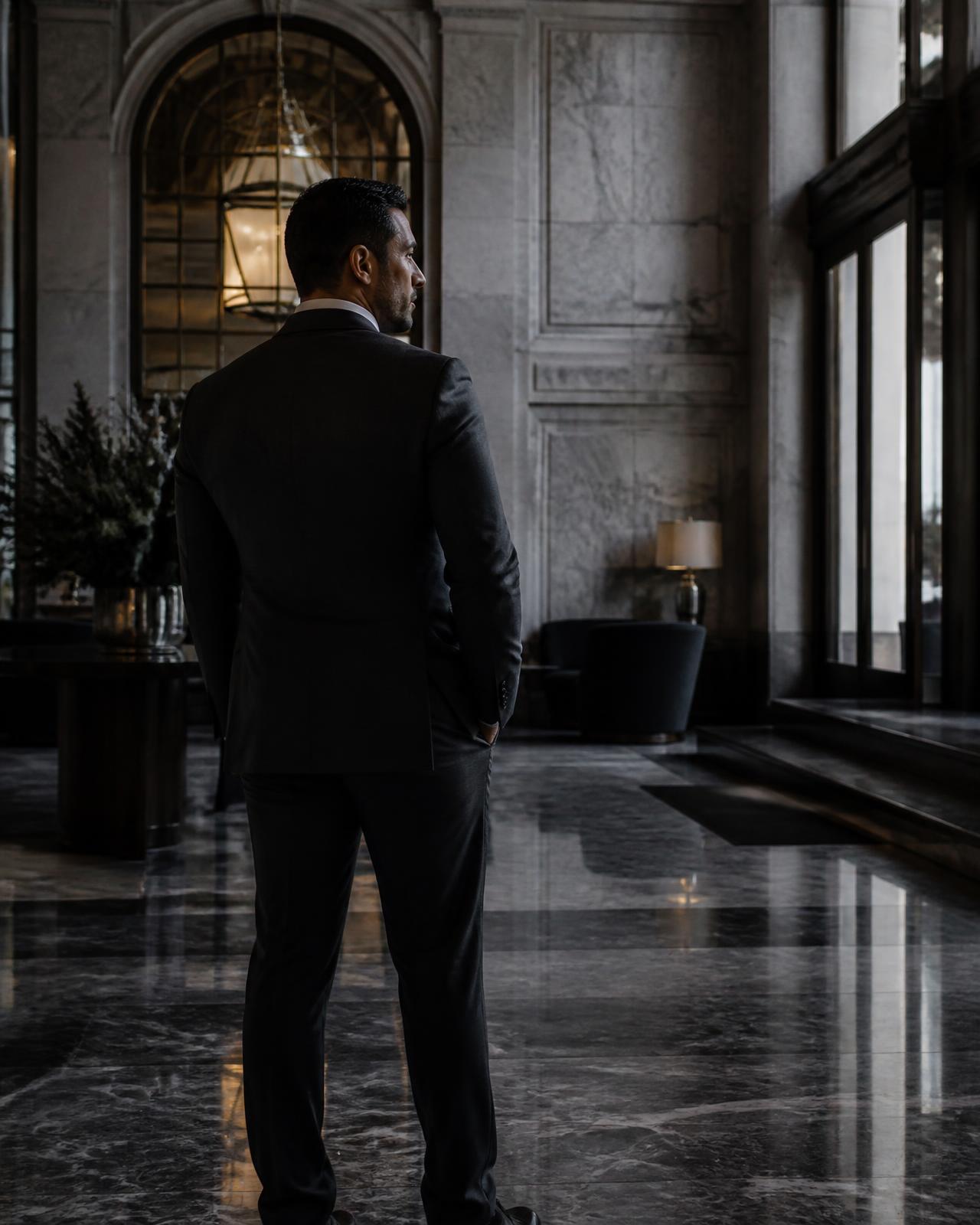 Security officer standing watch in a marble lobby