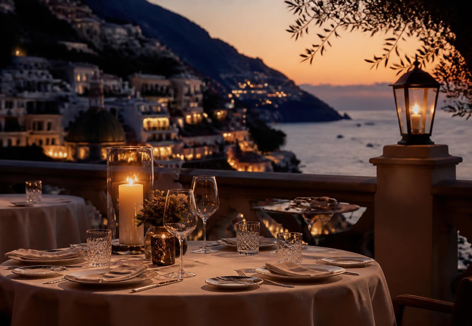 Candlelit table on a terrace overlooking a coastline at dusk