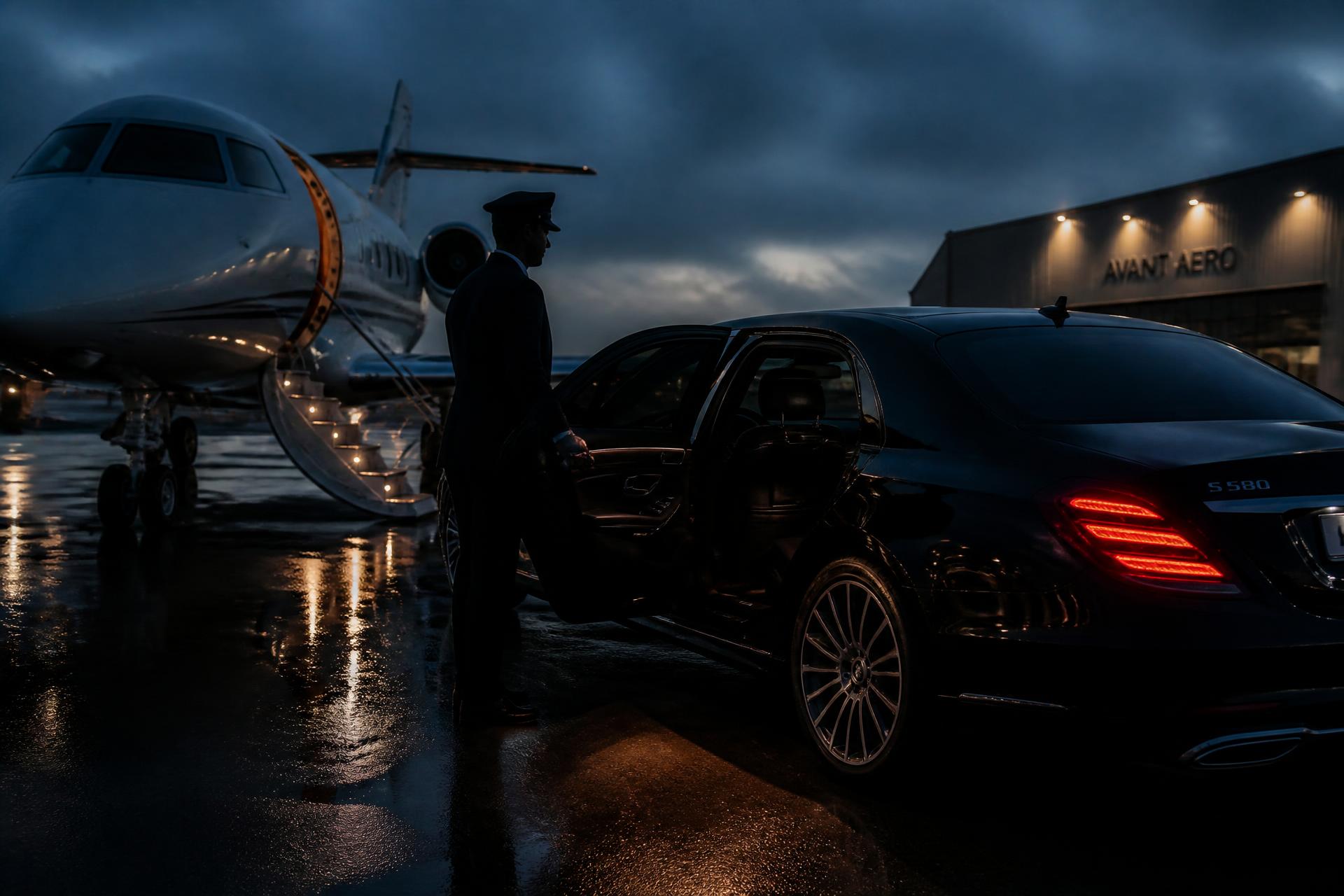 A chauffeur opening the door of a black executive sedan beside a private jet at dusk